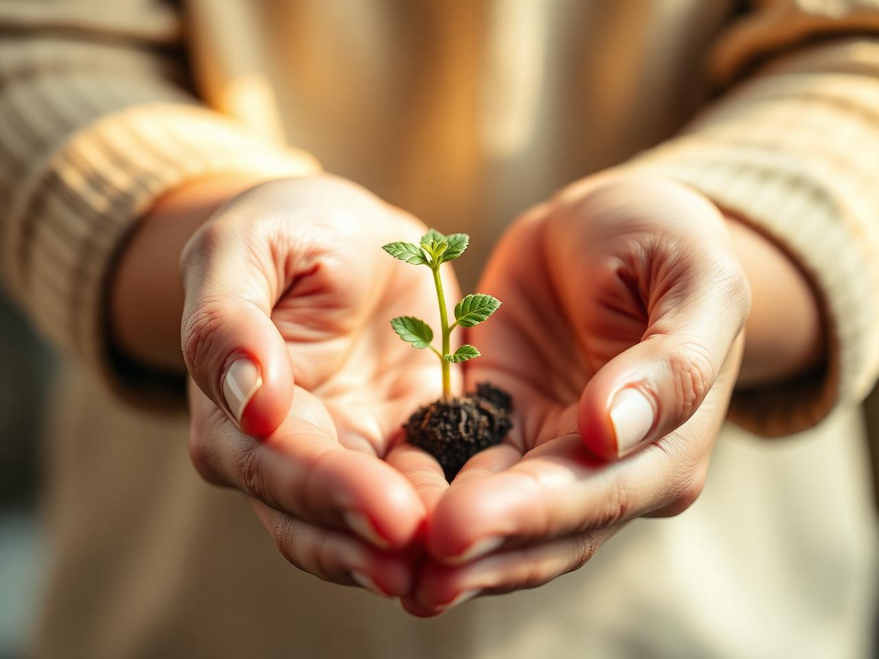 Hands holding a small green sprout